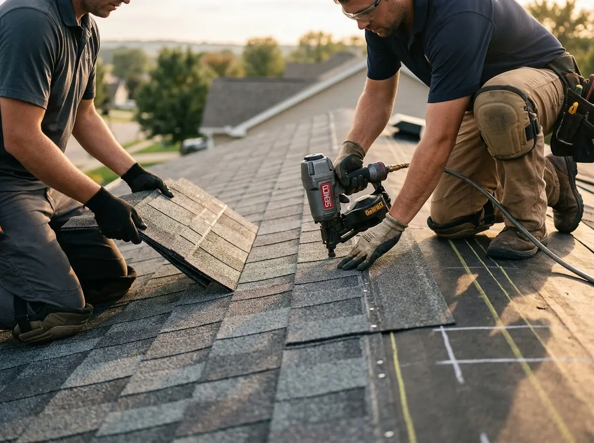 Professional roofer working on a residential roof in Skowhegan